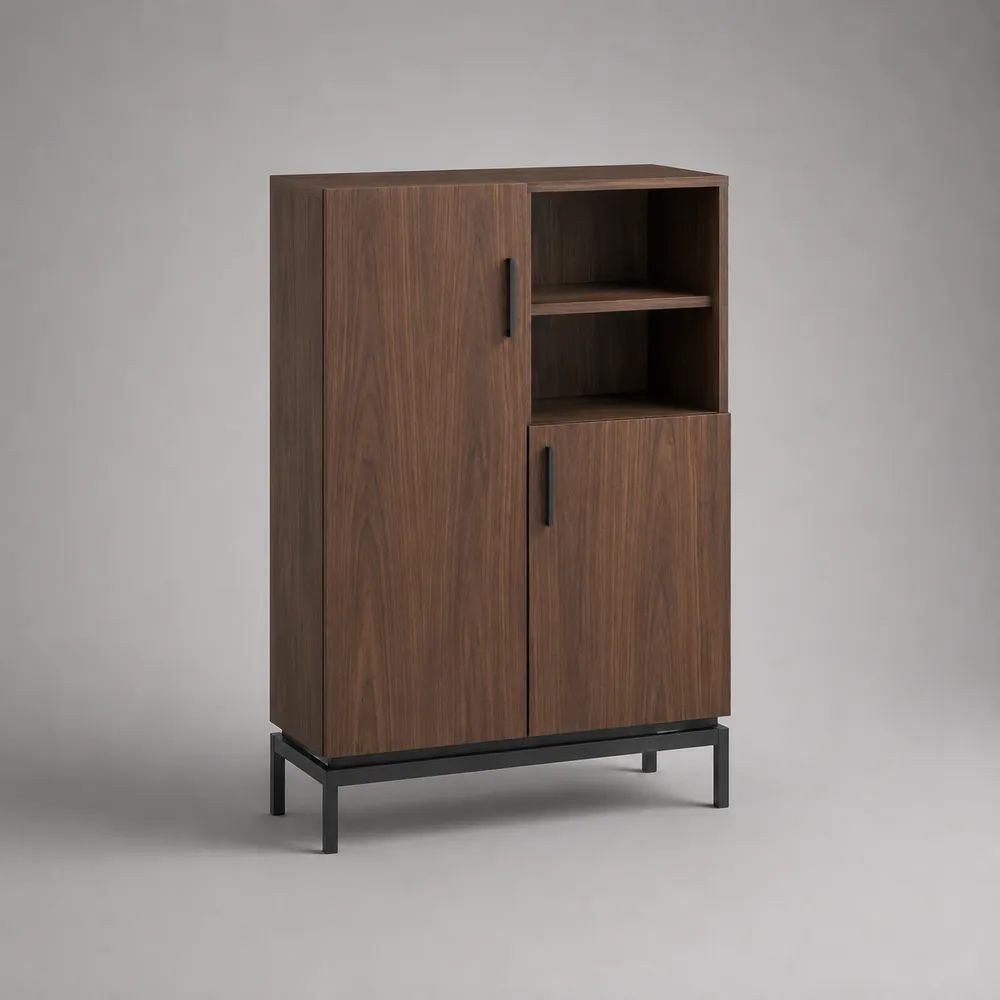 Highboard 100 x 40 x 120 cm Nussbaum Braun mit Türen und offenen Fächern Metallgestell