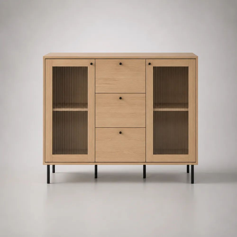 Sideboard 160 x 40 x 85 cm Eiche/Schwarz MDF Holzwerkstoff mit Glastüren Schubladen und Metallbeinen