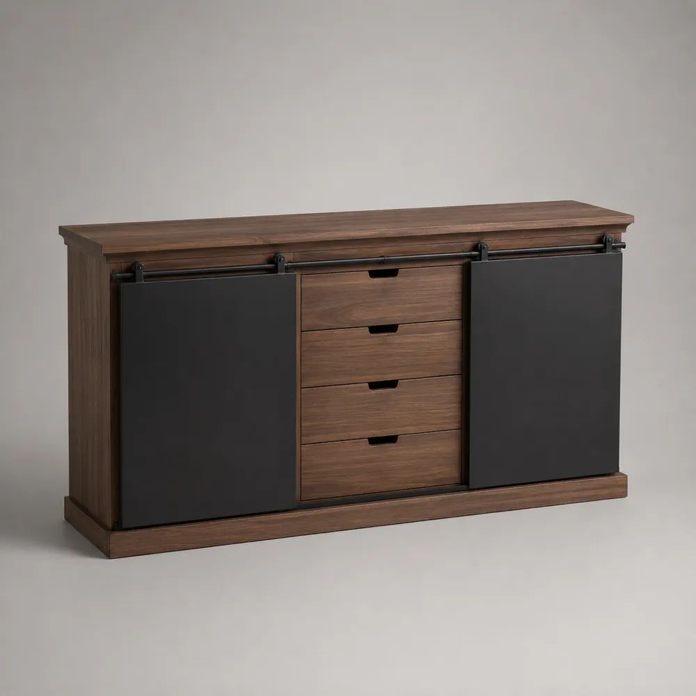 Sideboard 220 x 40 x 80 cm Braun/Schwarz mit Schiebetüren und 4 Schubladen MDF Holzwerkstoff Schrank