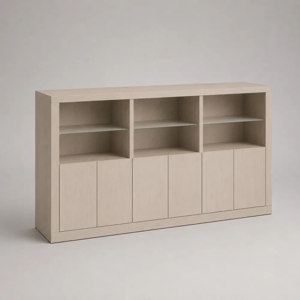 Sideboard 180 x 40 x 80 cm Beige mit Türen und offenen Fächern MDF Holzwerkstoff mit Glasböden