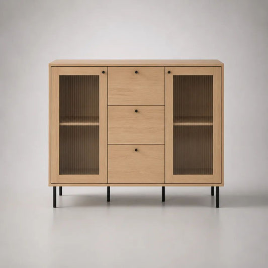 Sideboard 160 x 40 x 85 cm Eiche/Schwarz MDF Holzwerkstoff mit Glastüren Schubladen und Metallbeinen