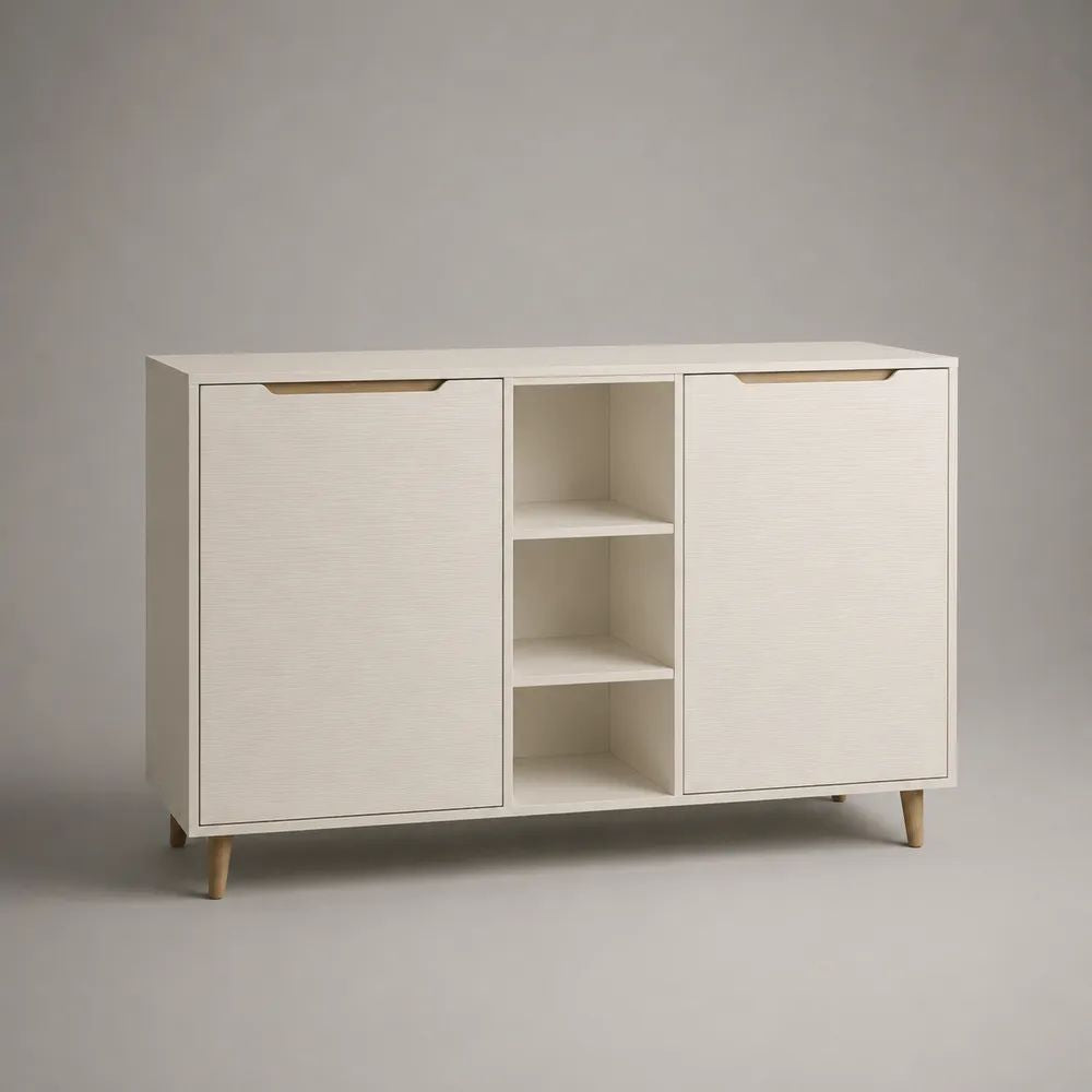 Sideboard 160 cm Weiß/Naturholz mit Türen und offenen Fächern MDF Holzwerkstoff mit Holzbeinen