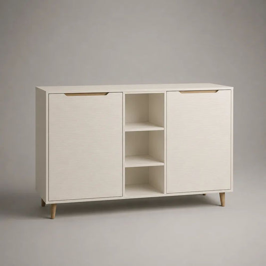 Sideboard 160 cm Weiß/Naturholz mit Türen und offenen Fächern MDF Holzwerkstoff mit Holzbeinen