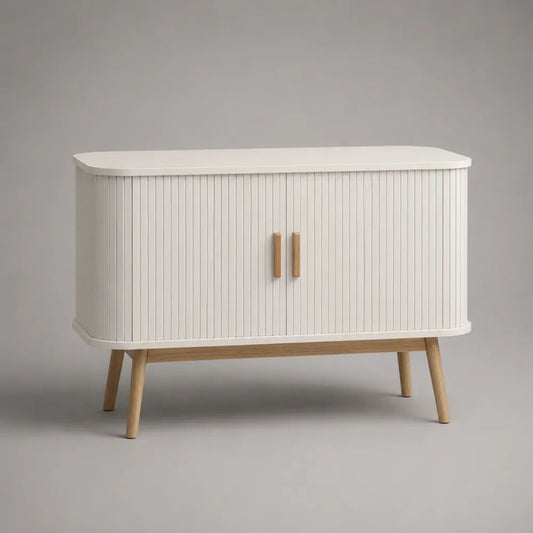 Sideboard 140 x 40 x 80 cm Weiß/Natur mit 2 Türen MDF Holzbeinen Schrank