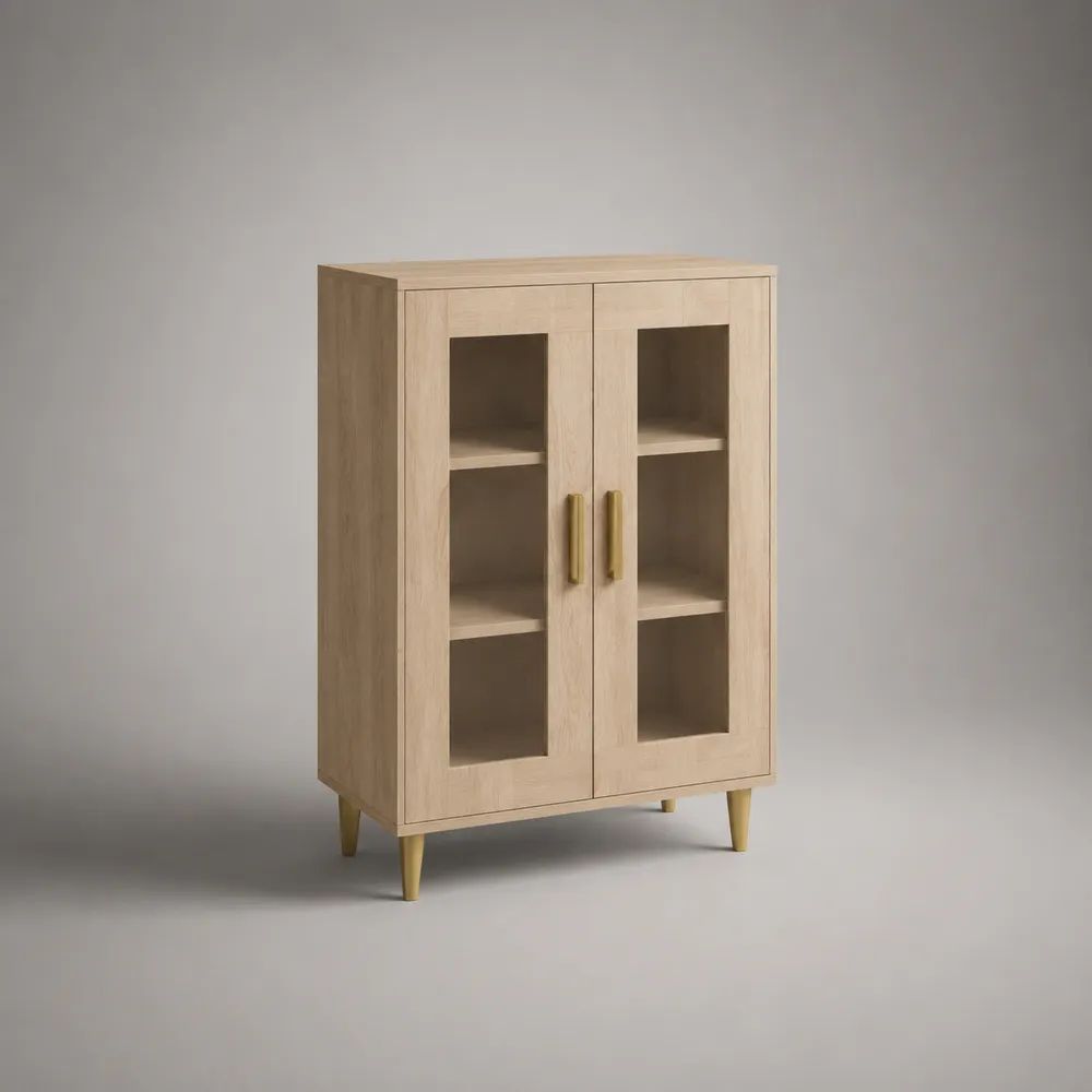 Vitrine 100 x 40 x 120 cm Eiche Natur mit 2 Glastüren MDF Schrank mit Stauraum
