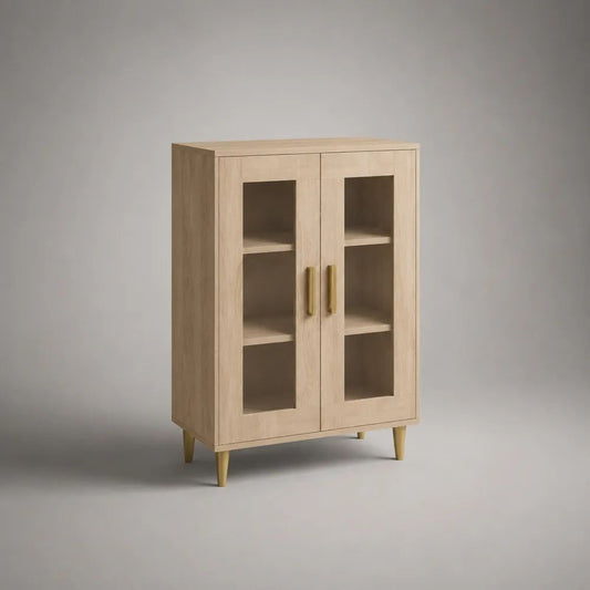 Vitrine 100 x 40 x 120 cm Eiche Natur mit 2 Glastüren MDF Schrank mit Stauraum