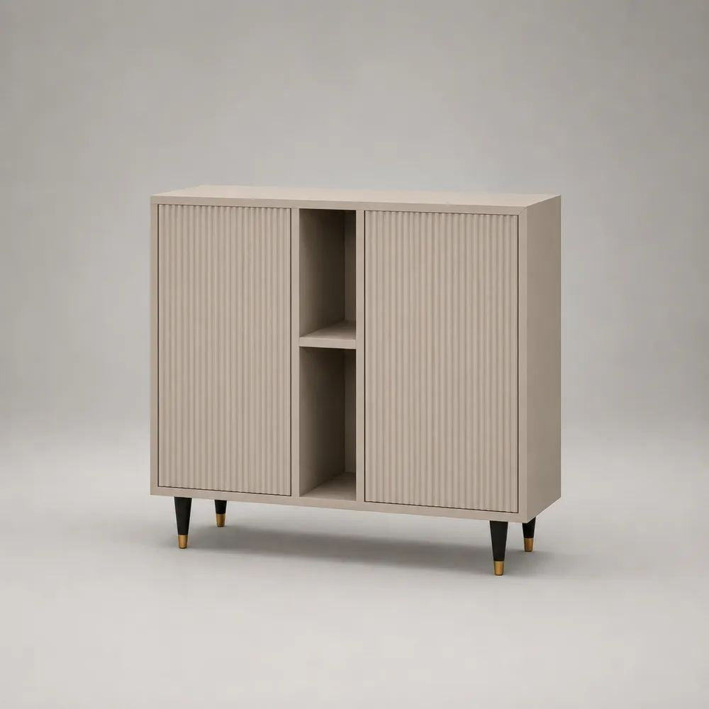 Sideboard 150 x 40 x 85 cm Beige MDF mit Türen offenen Fächern und Metallbeinen