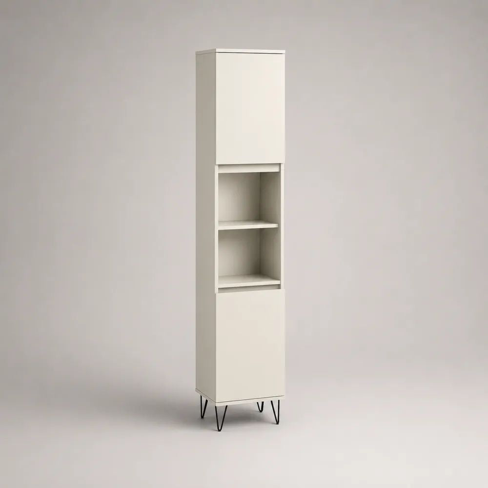 Badezimmerschrank Weiß mit zwei Türen, offenem Ablagefach und Metallfüßen 35 x 30 x 180 cm