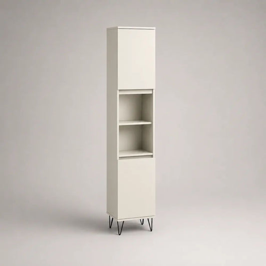 Badezimmerschrank Weiß mit zwei Türen, offenem Ablagefach und Metallfüßen 35 x 30 x 180 cm