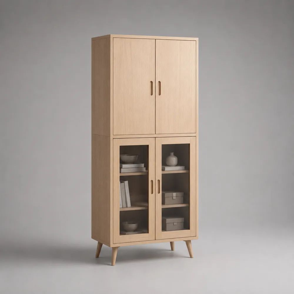 Vitrinenschrank 90 x 40 x 180 cm Eiche Natur MDF Holzwerkstoff mit Glastüren und Stauraum