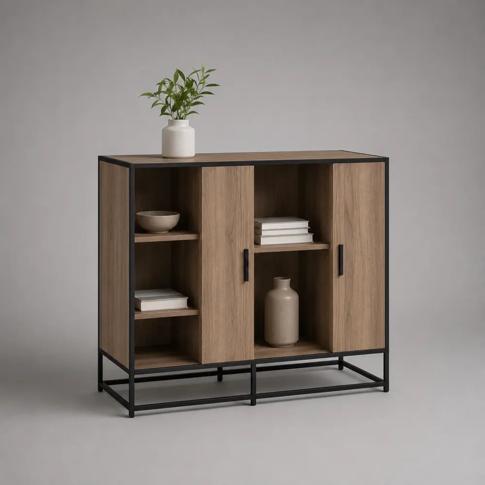 Sideboard 160 x 40 x 85 cm MDF Eiche Optik mit Türen und offenen Fächern Metallgestell