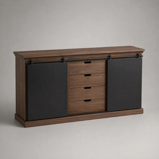 Sideboard 220 x 40 x 80 cm Braun/Schwarz mit Schiebetüren und 4 Schubladen MDF Holzwerkstoff Schrank