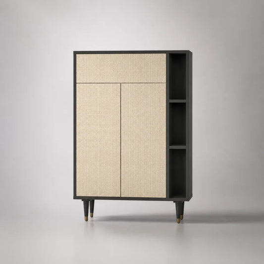Sideboard 120 x 40 x 140 cm MDF Schwarz Beige mit Türen und Regalfächern Rattanoptik