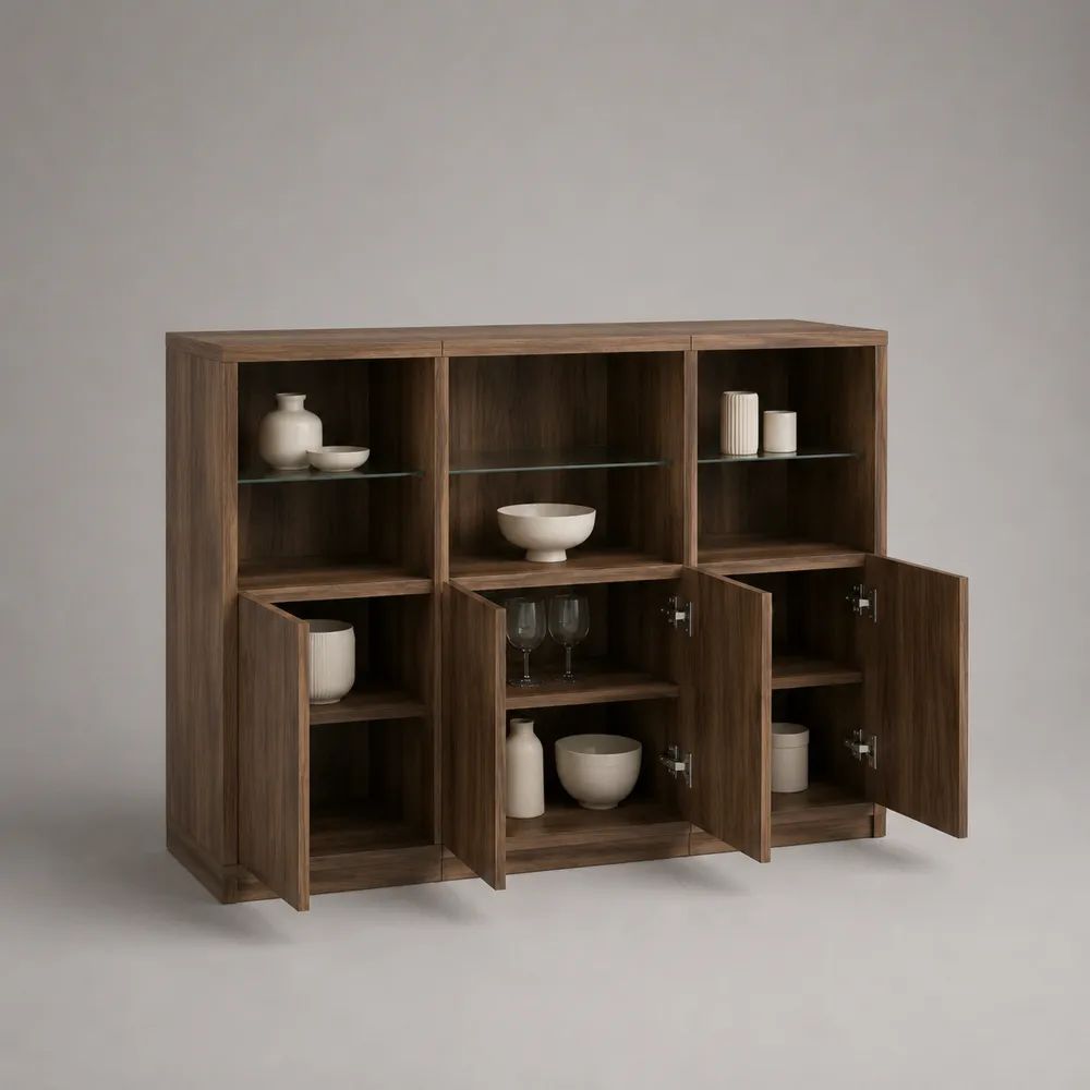 Sideboard 180 x 40 x 85 cm Walnussbraun mit 6 Türen und Glasablagen MDF Holzwerkstoff Aufbewahrungsschrank