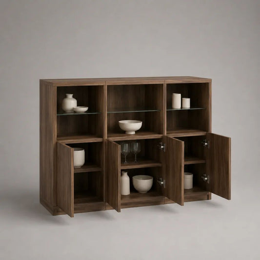 Sideboard 180 x 40 x 85 cm Walnussbraun mit 6 Türen und Glasablagen MDF Holzwerkstoff Aufbewahrungsschrank