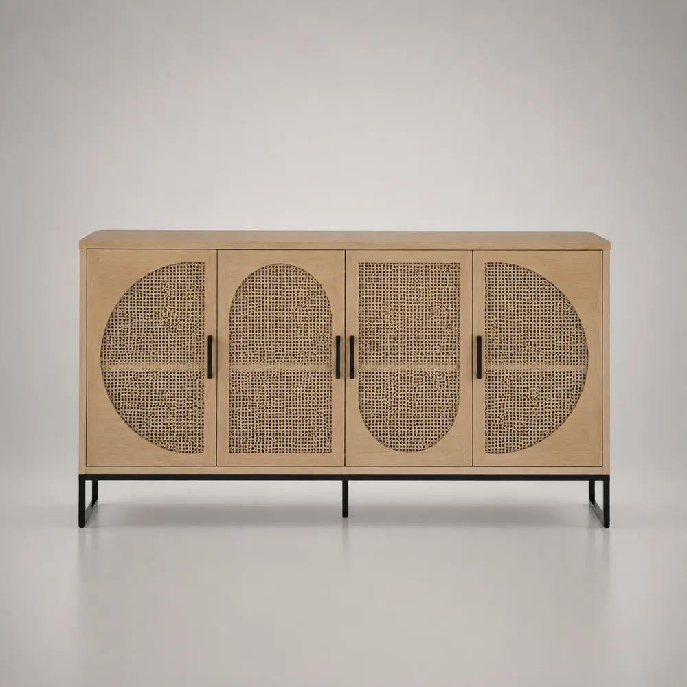 Sideboard 200 x 40 x 80 cm MDF Eiche Natur mit vier Türen und Rattanoptik