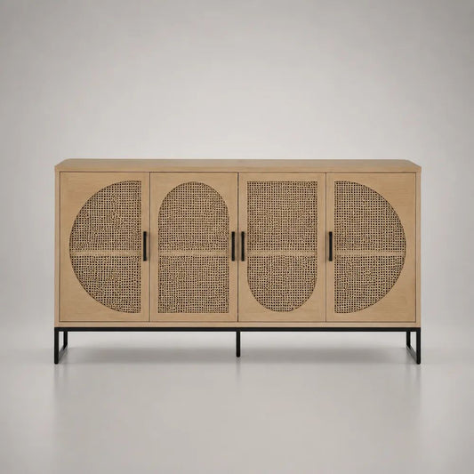 Sideboard 200 x 40 x 80 cm MDF Eiche Natur mit vier Türen und Rattanoptik