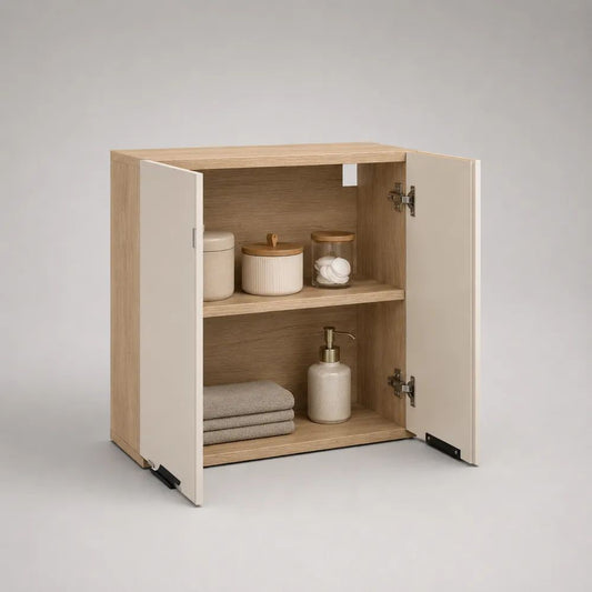 Badezimmerschrank Eiche Holzoptik mit zwei Türen und Einlegeboden 80 x 35 x 60 cm